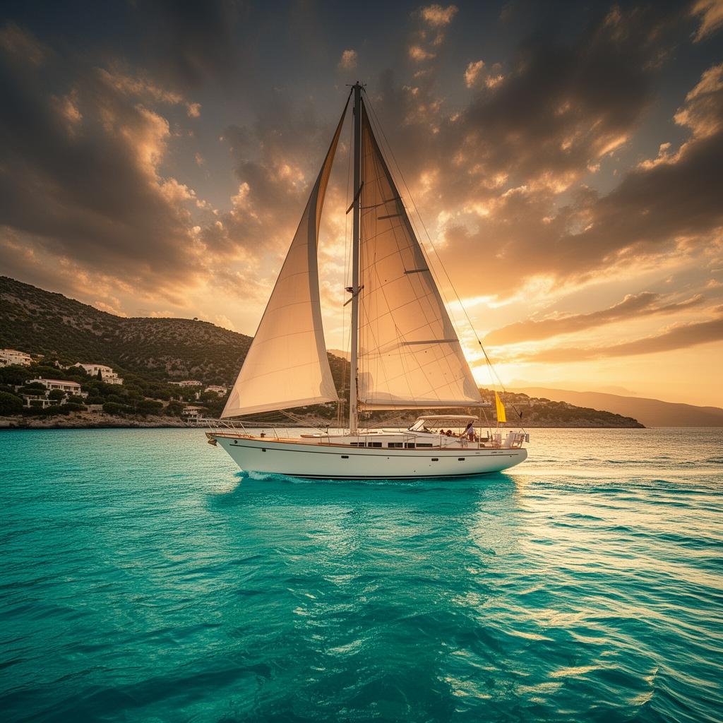 Sailboat cruising on turquoise water at golden hour